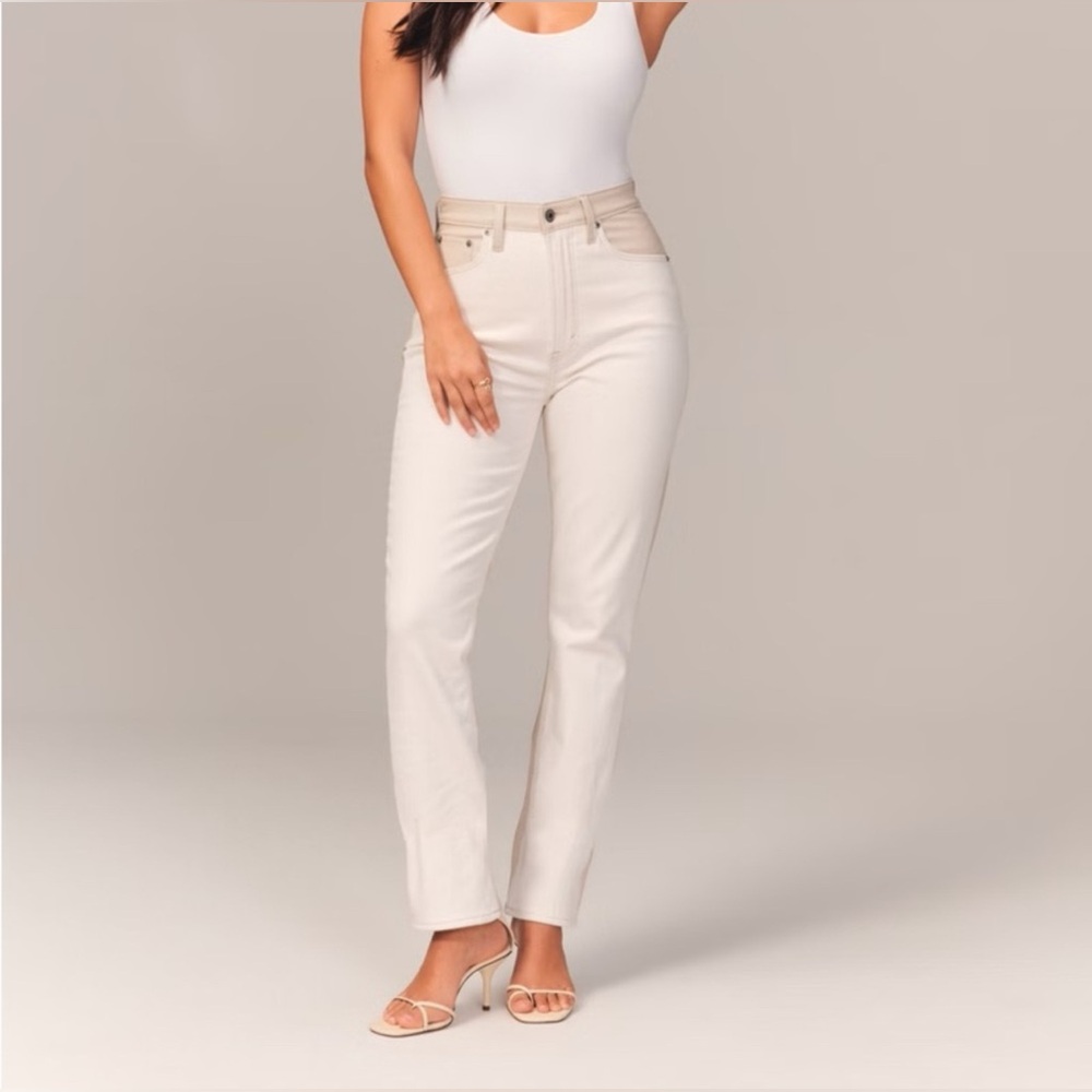 Abercrombie & Fitch 90s Straight Ultra High Rise White Jeans with Faux Leather